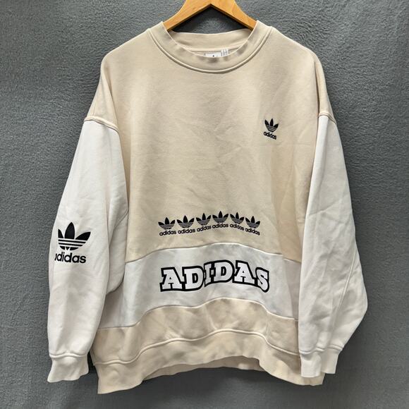adidas Sweatshirt Womens Medium Cream White Oversized Pullover Logo Print - Picture 1 of 10